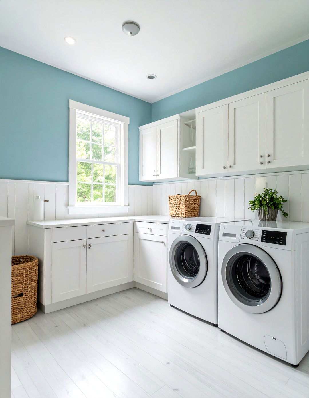 Powder Blue Walls with White Shiplap Accents - 25 Blue Laundry Room Ideas