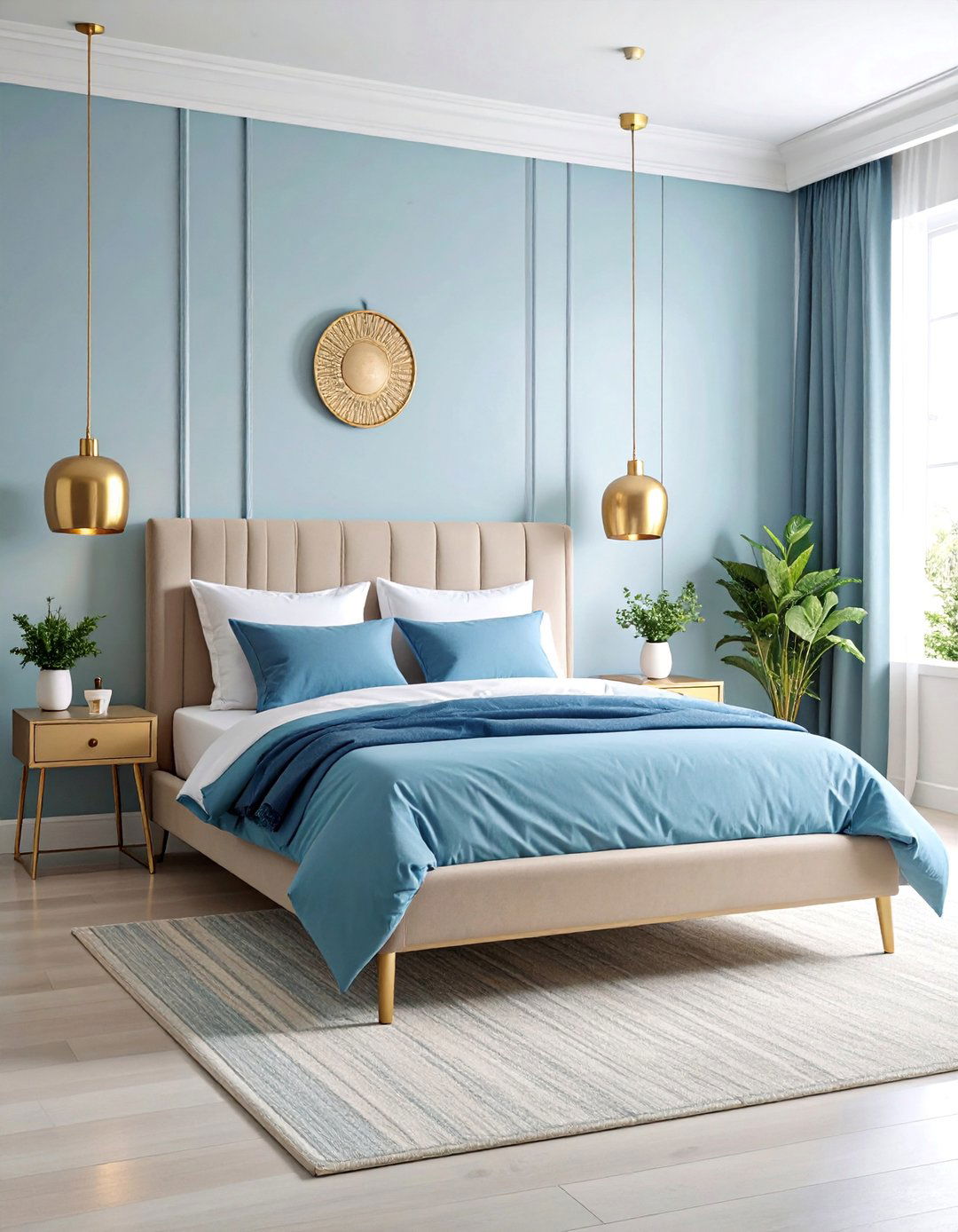 Powder Blue and Brass Modern Minimalist Bedroom - 25 Blue and Gold Bedroom Ideas