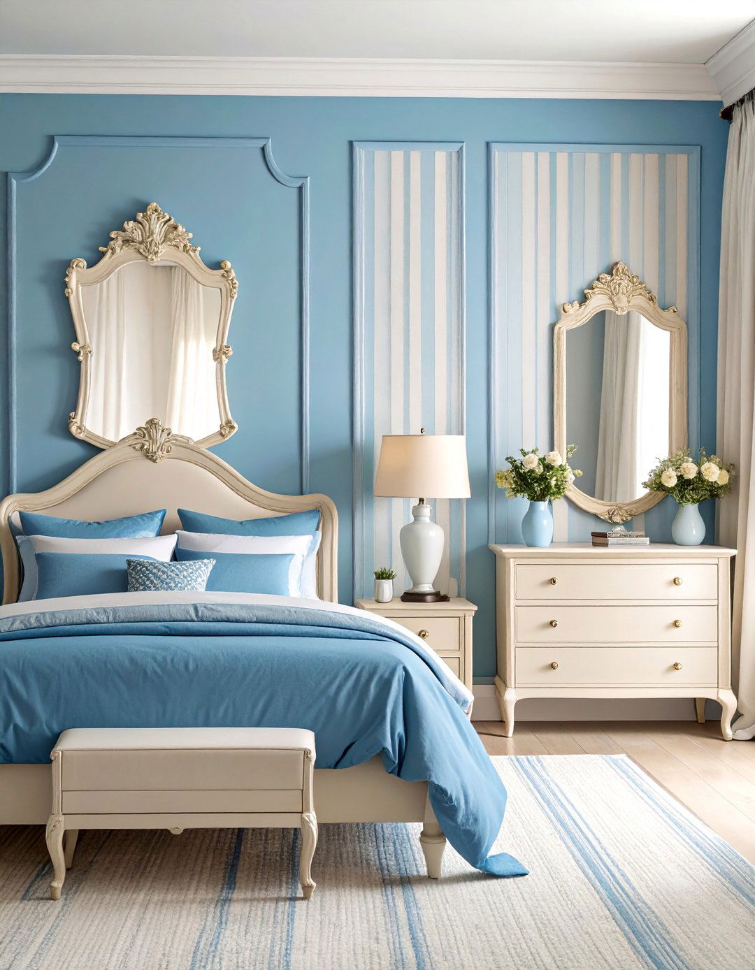 Powder Blue and Cream Bedroom with Vintage Mirrors and Lace - 25 Shabby Chic Bedroom Ideas