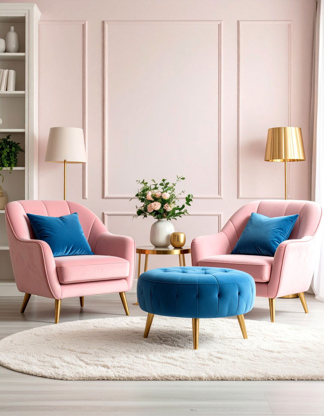 Powder Pink Armchairs with Denim Blue Ottoman - 25 Pink and Blue Living Room Ideas