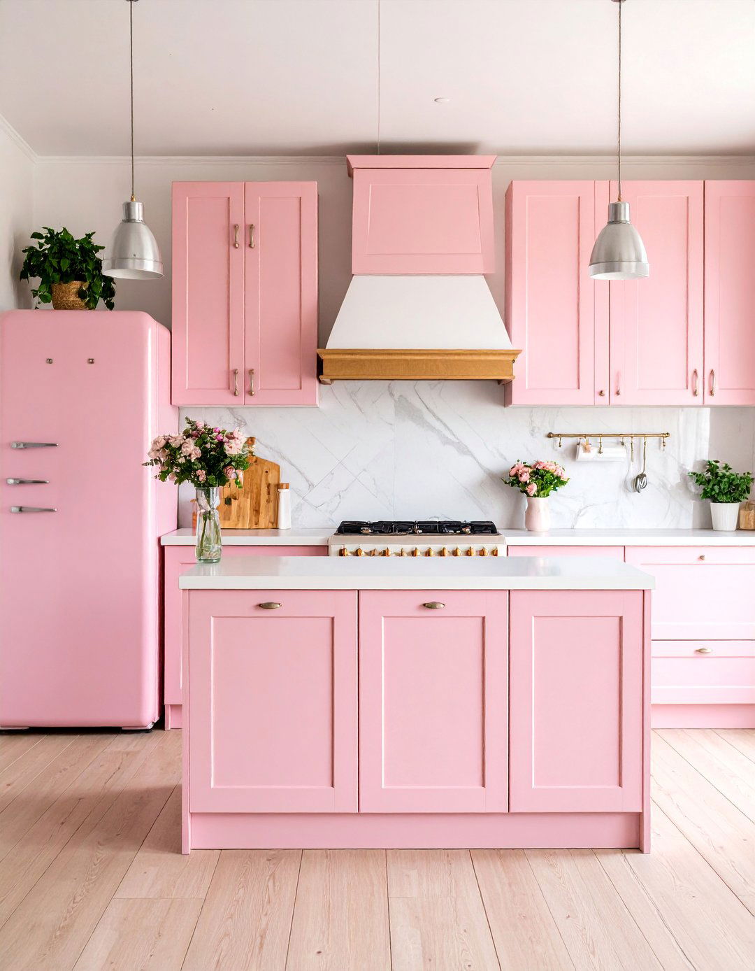 Powder Pink Scandinavian Kitchen with Light Wood Minimalism - 25 Kitchen With Colored Appliances Ideas