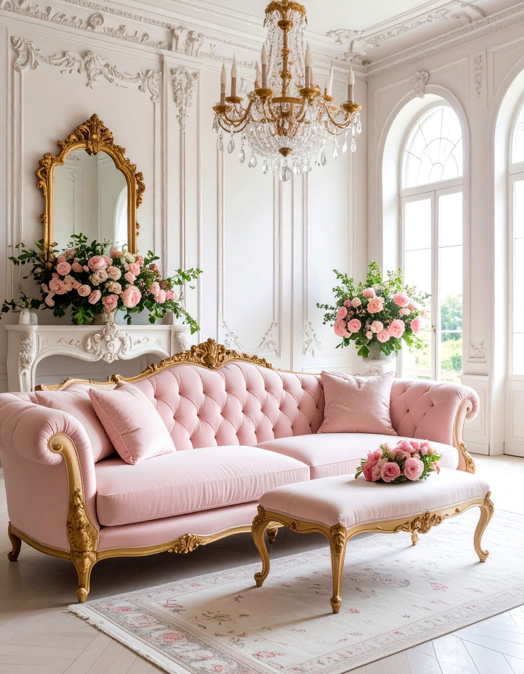 Powder Pink Sofa with Parisian Chic - 25 Pink Couch Living Room Ideas