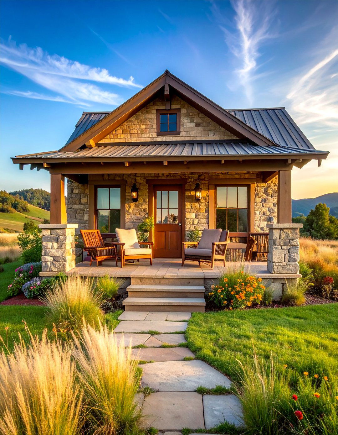 Prairie School Stone Porch with Horizontal Lines - 25 Stone Porch Ideas
