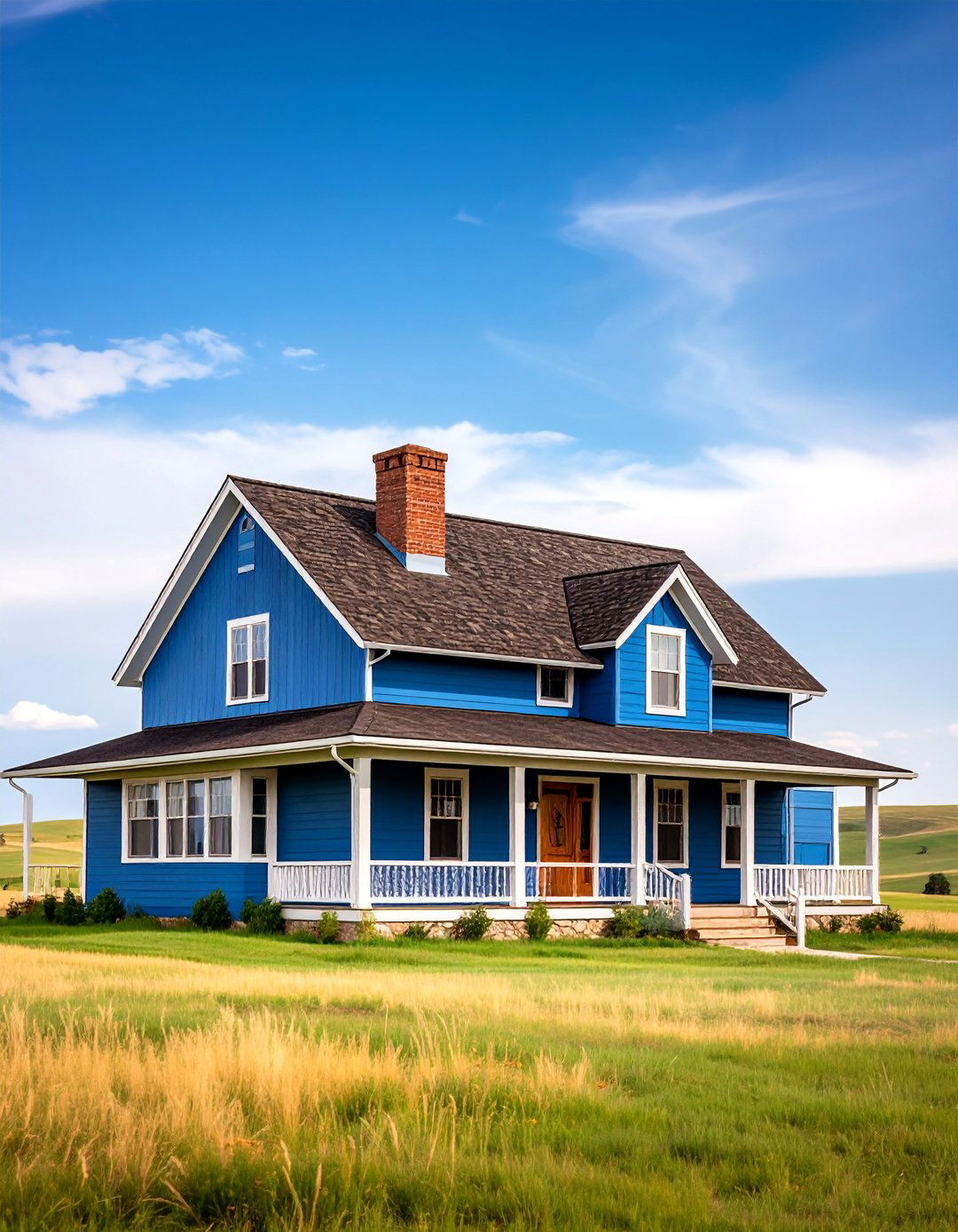 Prairie Style Blue Exterior Home with a Brown Roof - 25 blue exterior home with a brown roof ideas