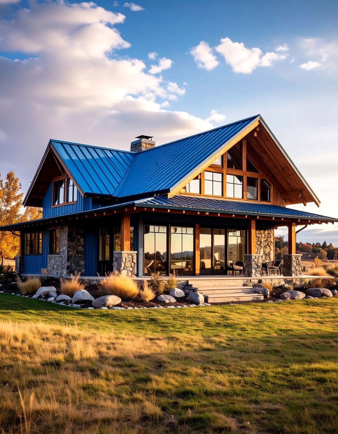 Prairie Style Blue Metal Roof Home with Horizontal Lines - 25 houses with blue metal roofs