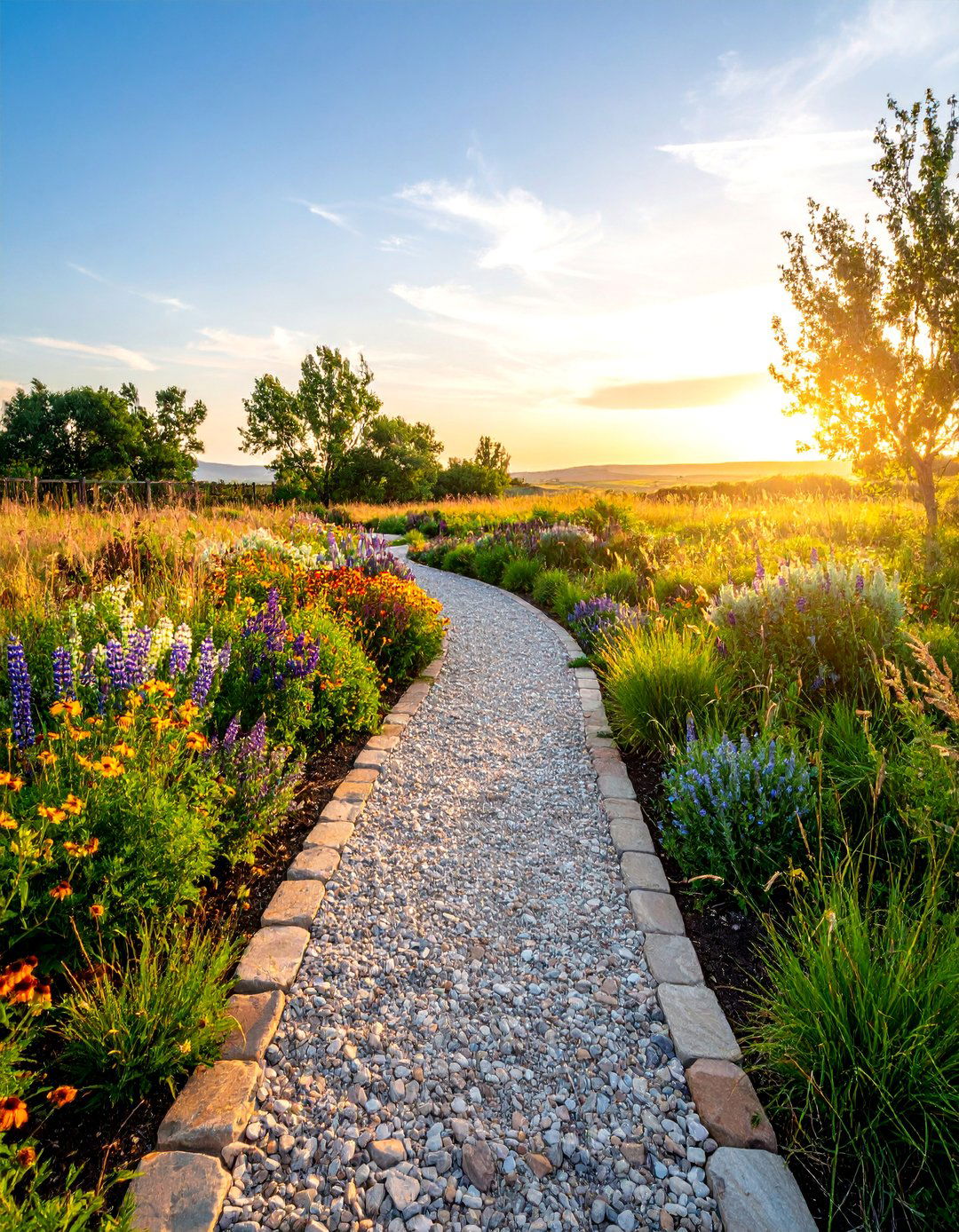 Prairie Style Gravel Pathway with Native Grass Meadow Borders - 25 Gravel Driveway Ideas