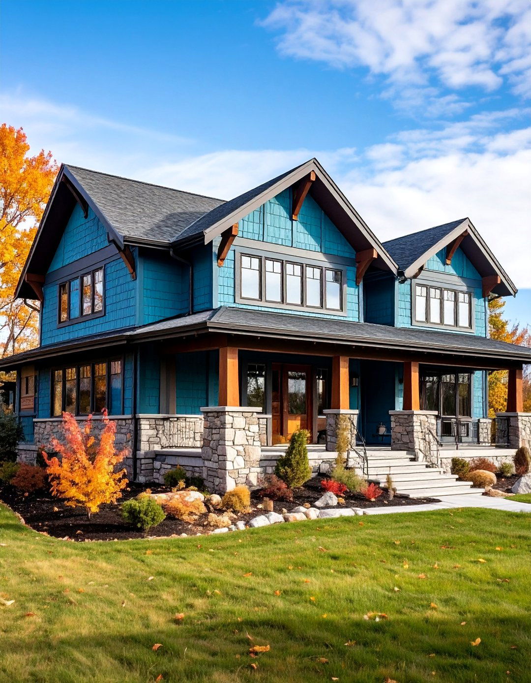 Prairie Style House with Teal Horizontal Emphasis - 25 Teal House Exterior Ideas