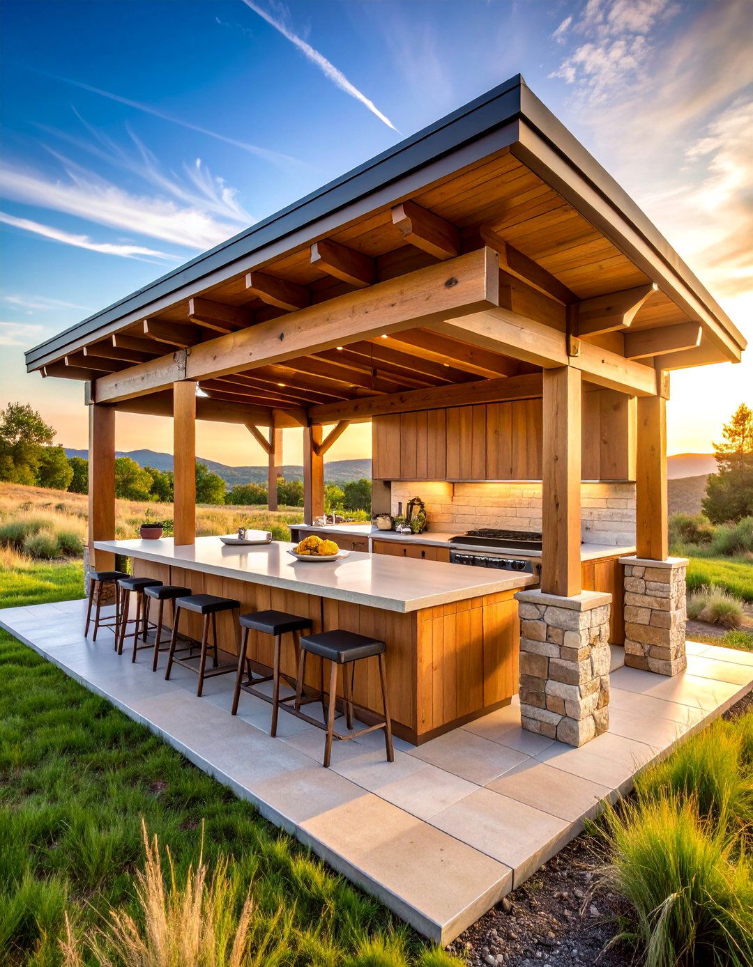Prairie Style Pavilion with Horizontal Lines - 25 Outdoor Kitchen with a Gazebo Ideas