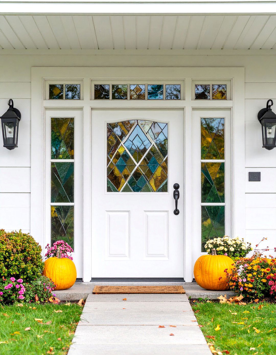 Prairie Style White Front Door with Leaded Glass - 25 White Front Door Ideas