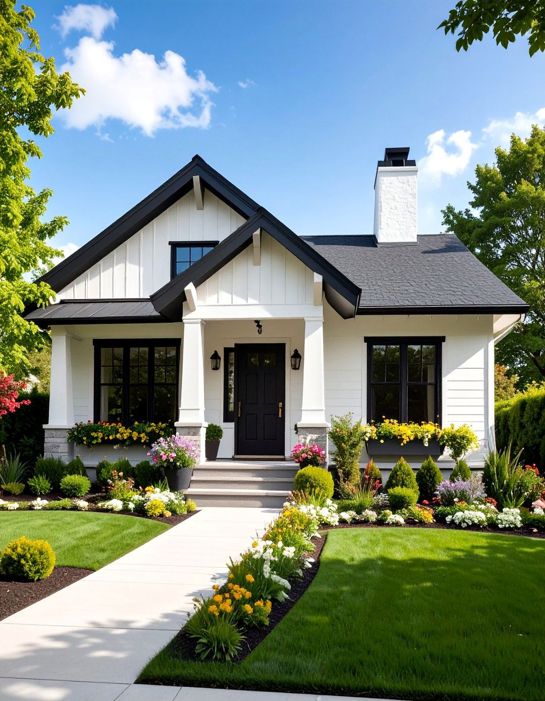 Prairie Style White House with Horizontal Black Door - 25 White House Ideas With Black Doors
