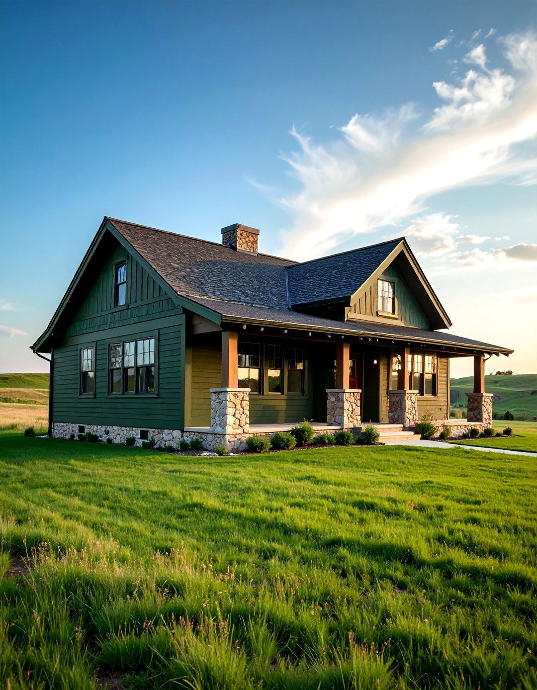 Prairie Style with Horizontal Emphasis - 25 Dark Olive Green House Designs