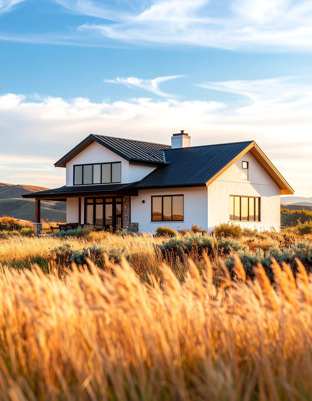 Prairie Style with Horizontal Emphasis - 25 White Exterior Home with a Black Roof Ideas