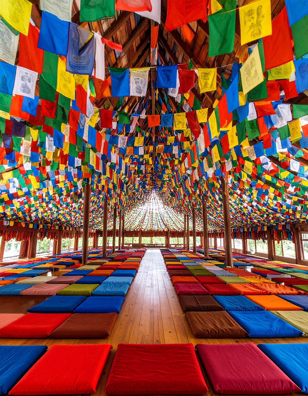 Prayer Flag Meditation Room with Colorful Overhead Display - 25 Boho Meditation Room Ideas