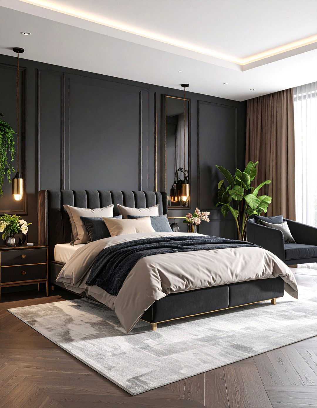 Primary Bedroom with Dramatic Dark Color Palette - 25 Primary Bedroom Ideas
