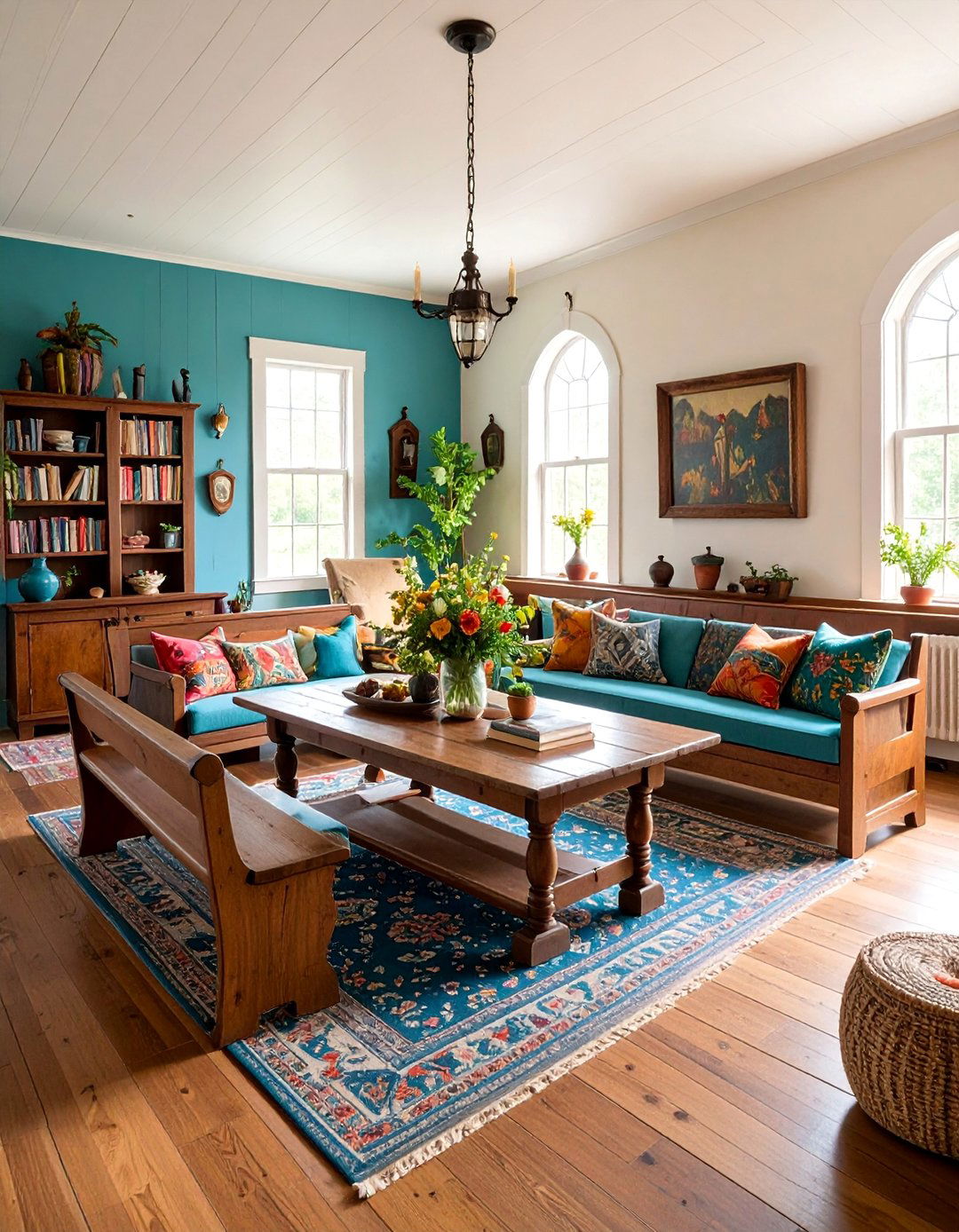 Primitive Church Pew and Bench Seating - 25 Primitive Living Room Ideas