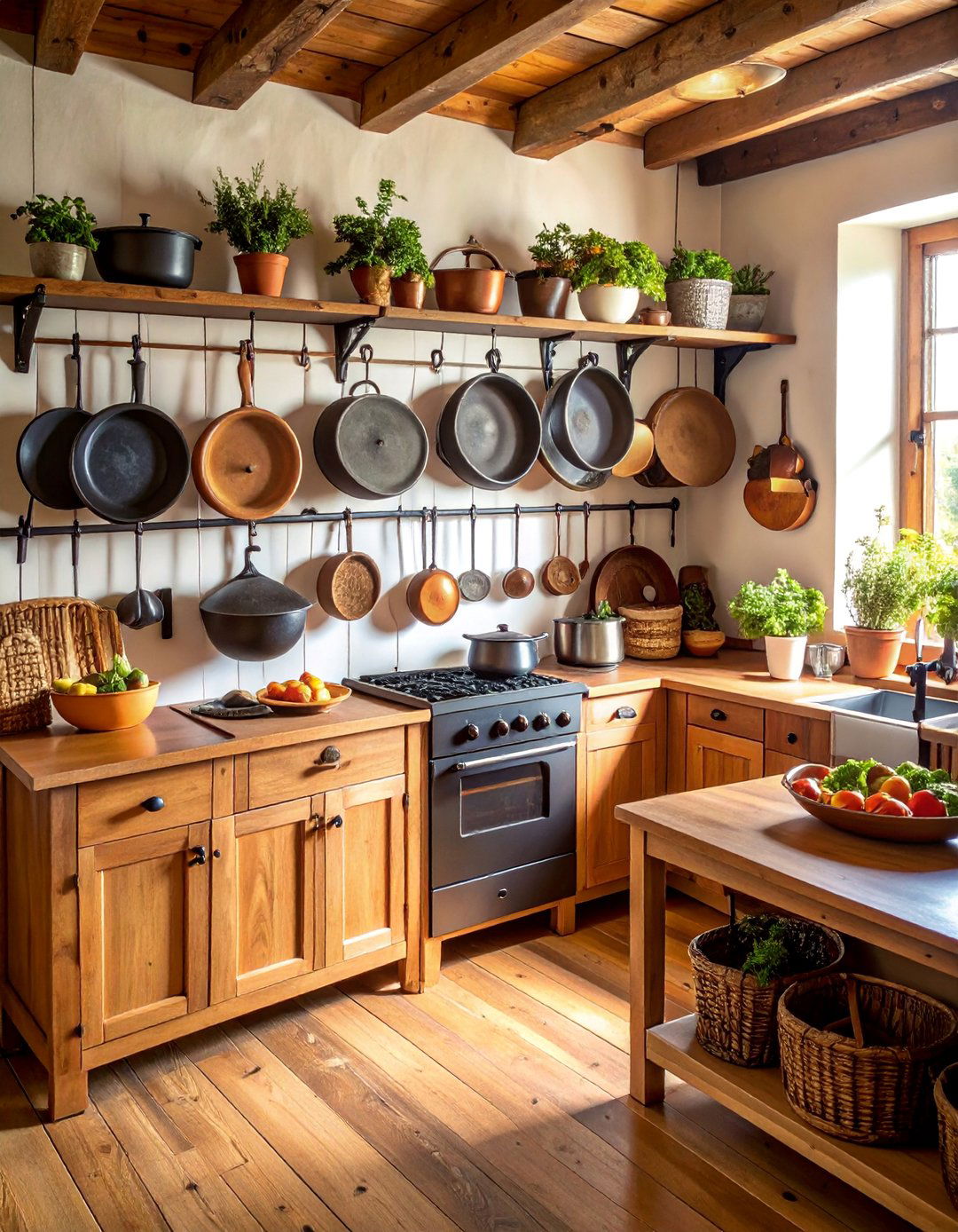 Primitive Kitchen with Cast Iron Cookware Display - 25 Primitive Kitchen Ideas