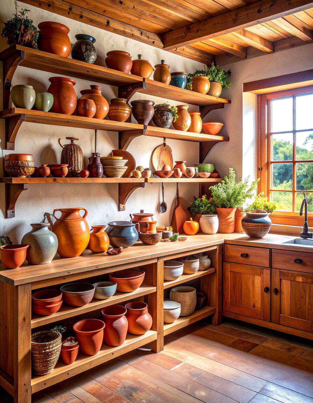Primitive Kitchen with Handcrafted Pottery Display - 25 Primitive Kitchen Ideas