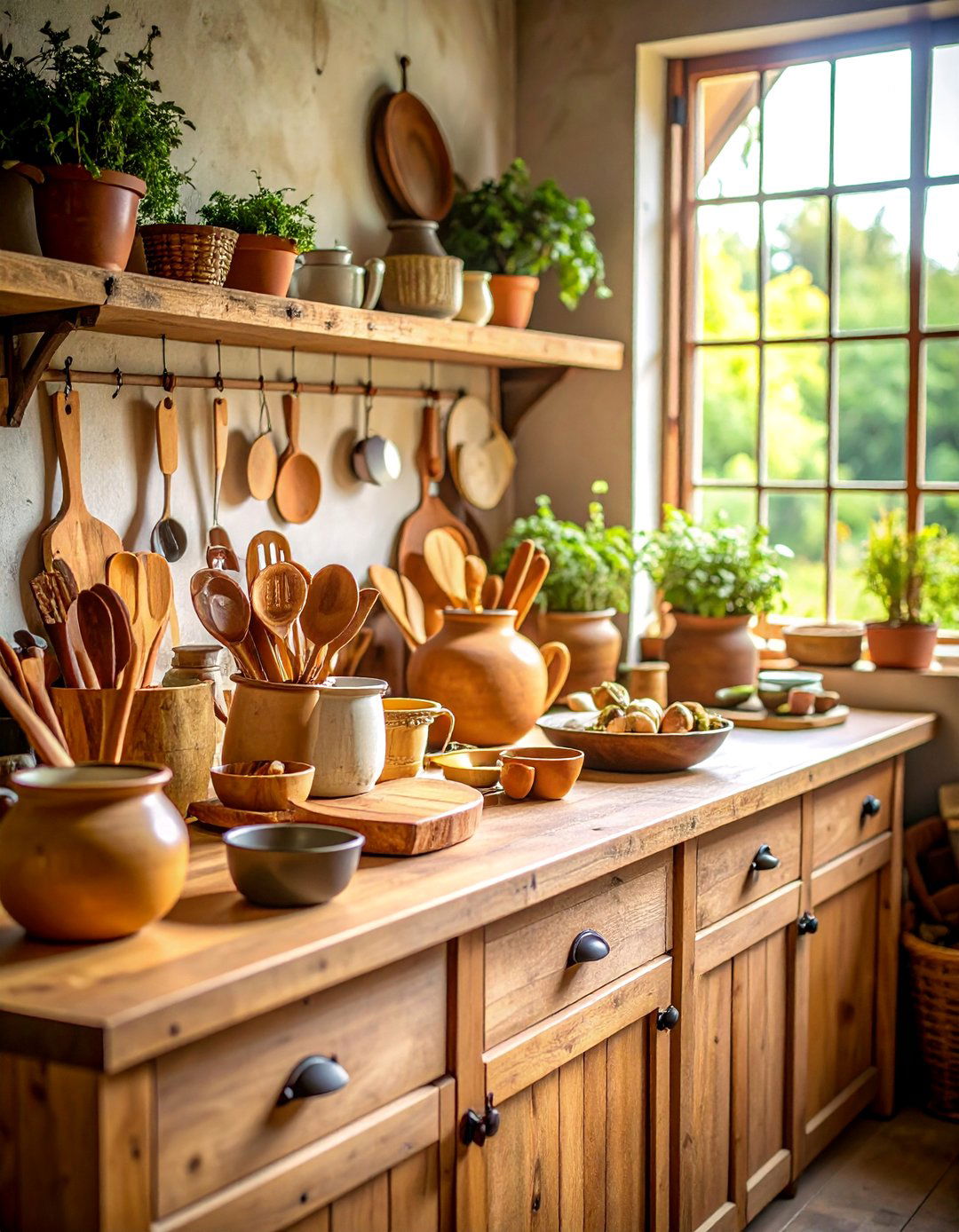 Primitive Kitchen with Wooden Utensil Collections - 25 Primitive Kitchen Ideas