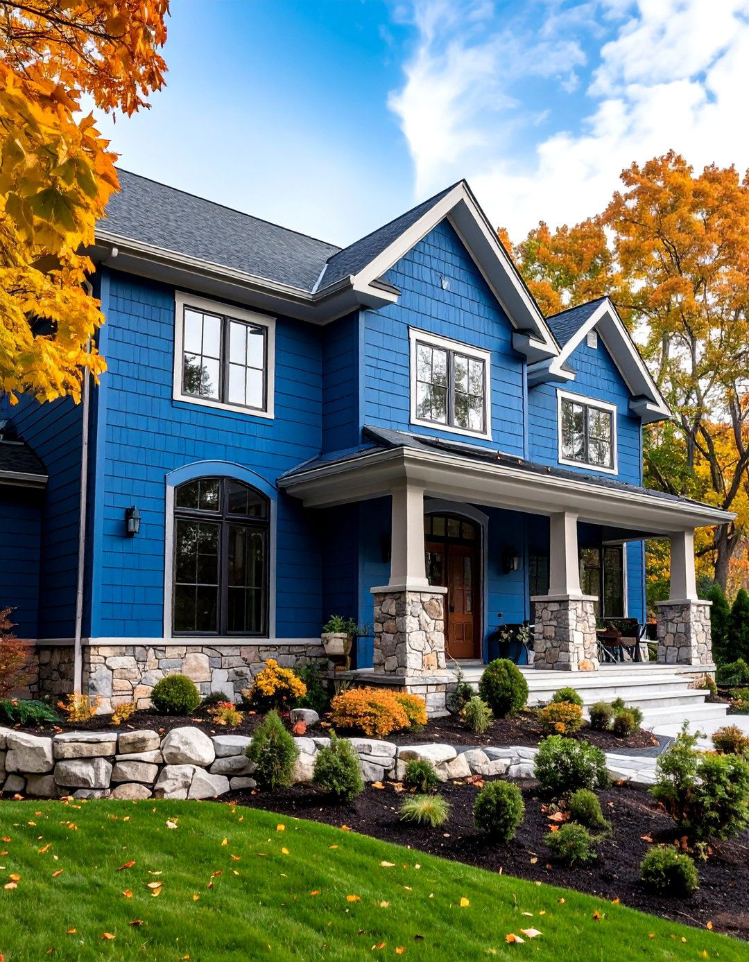 Prussian Blue Lap Siding with Limestone Foundation - 25 Midnight Blue & Dark Blue House Siding Colors