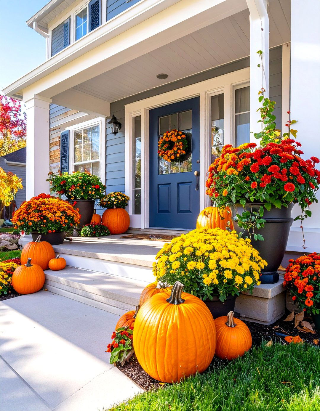 Pumpkin Container Garden with Seasonal Blooms - 25 Fall Planter Ideas