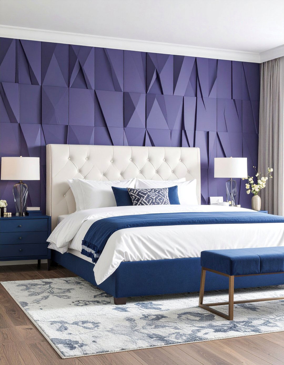 Purple Geometric Wallpaper with Navy Blue Furniture - 25 Blue and Purple Bedroom Ideas