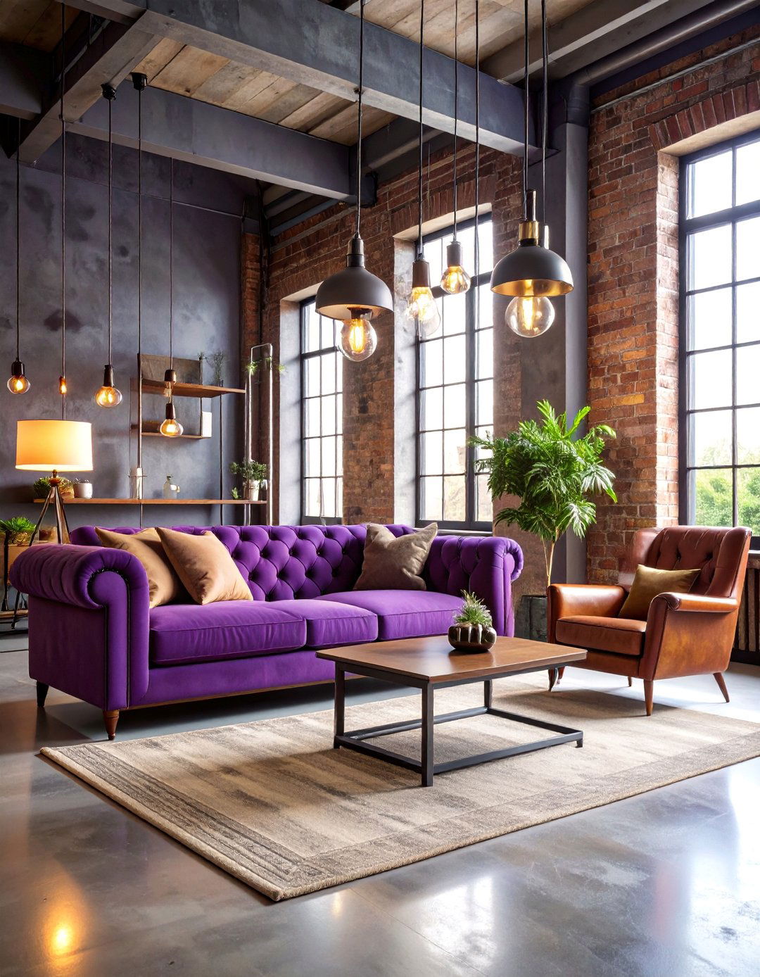 Purple Industrial Loft Living Room - 25 Purple Living Room Ideas