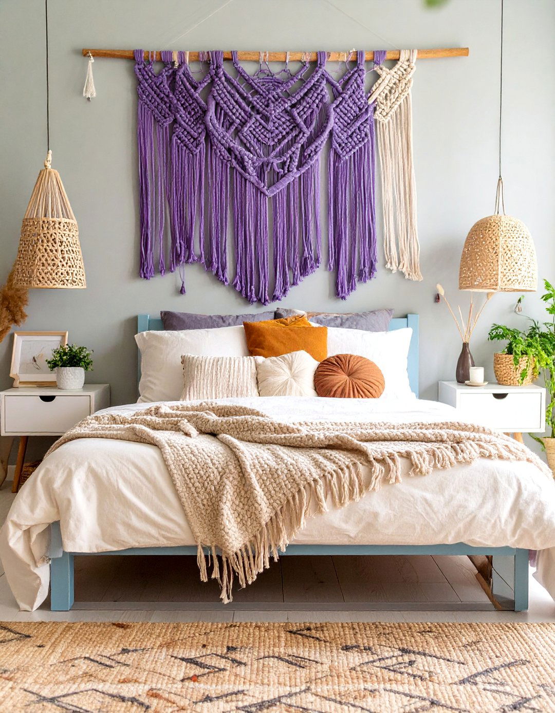 Purple Macrame Wall Hanging with Blue Platform Storage Bed - 25 Blue and Purple Bedroom Ideas