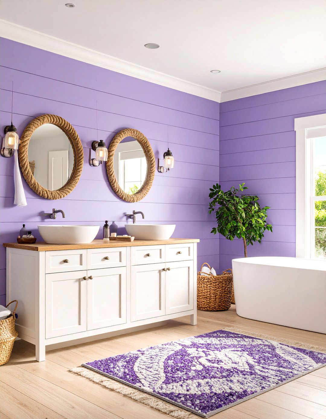 Purple Shiplap Coastal Bathroom - 25 Purple Bathroom Ideas