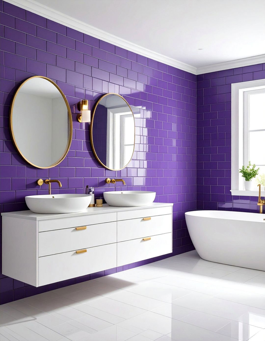 Purple Subway Tile Feature Wall - 25 Purple Bathroom Ideas