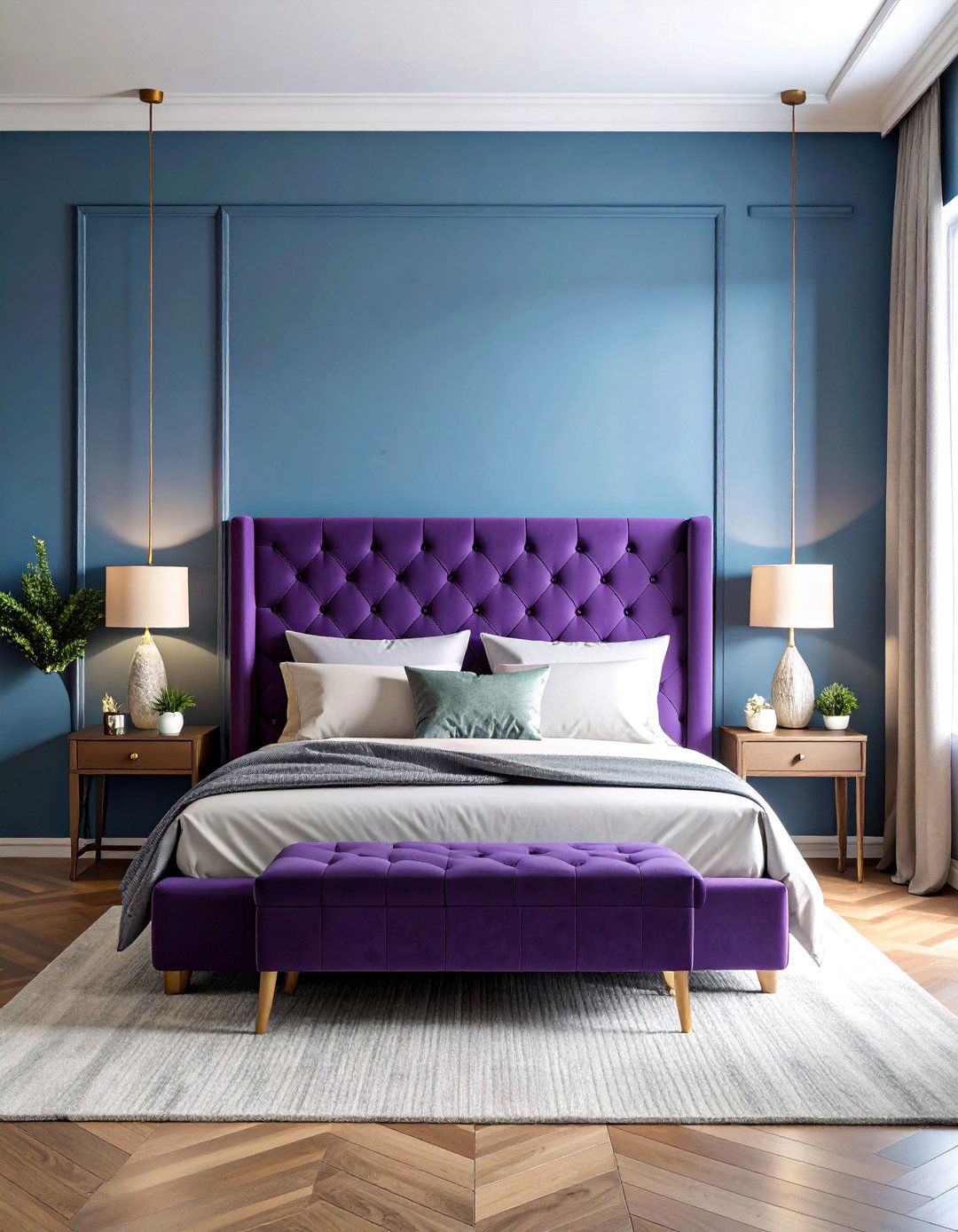 Purple Velvet Headboard with Blue Ombre Walls - 25 Blue and Purple Bedroom Ideas