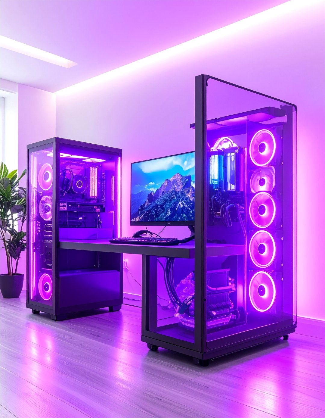 Purple Water Cooled Gaming Setup with Liquid Cooling Display - 25 Purple Gaming Setup Ideas