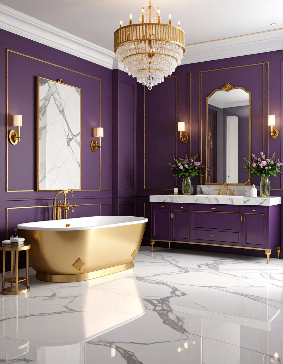 Purple and Gold Bathroom with Marble Elements - 25 Colorful Room Ideas