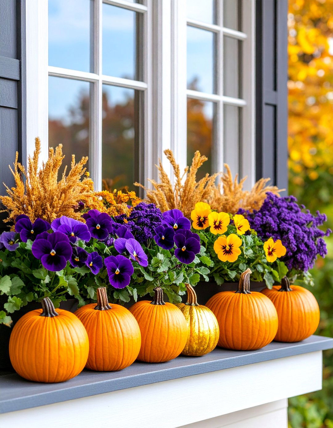 Purple and Gold Pansy Showcase - 25 Fall Window Box Ideas