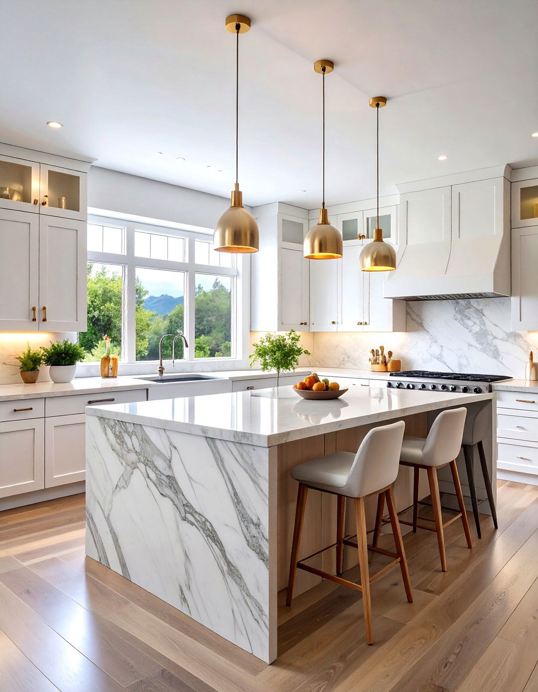 Quartz Waterfall Peninsula Kitchen - 25 Transitional Kitchen Ideas
