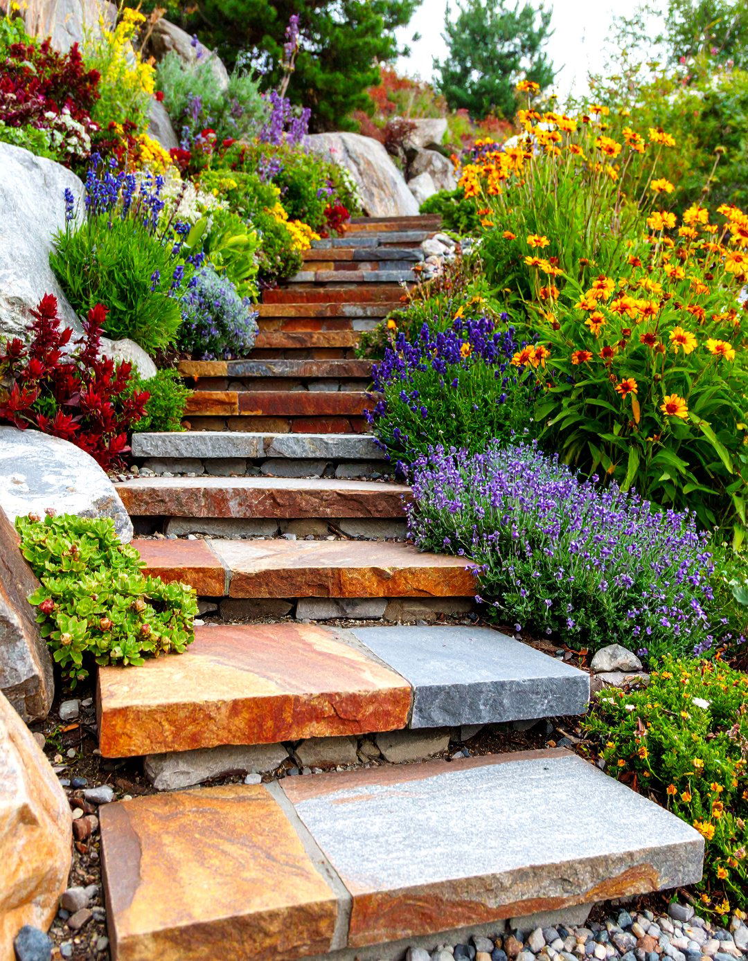Quartzite Rainbow Steps with Rock Garden Alpines - 25 Flagstone Steps