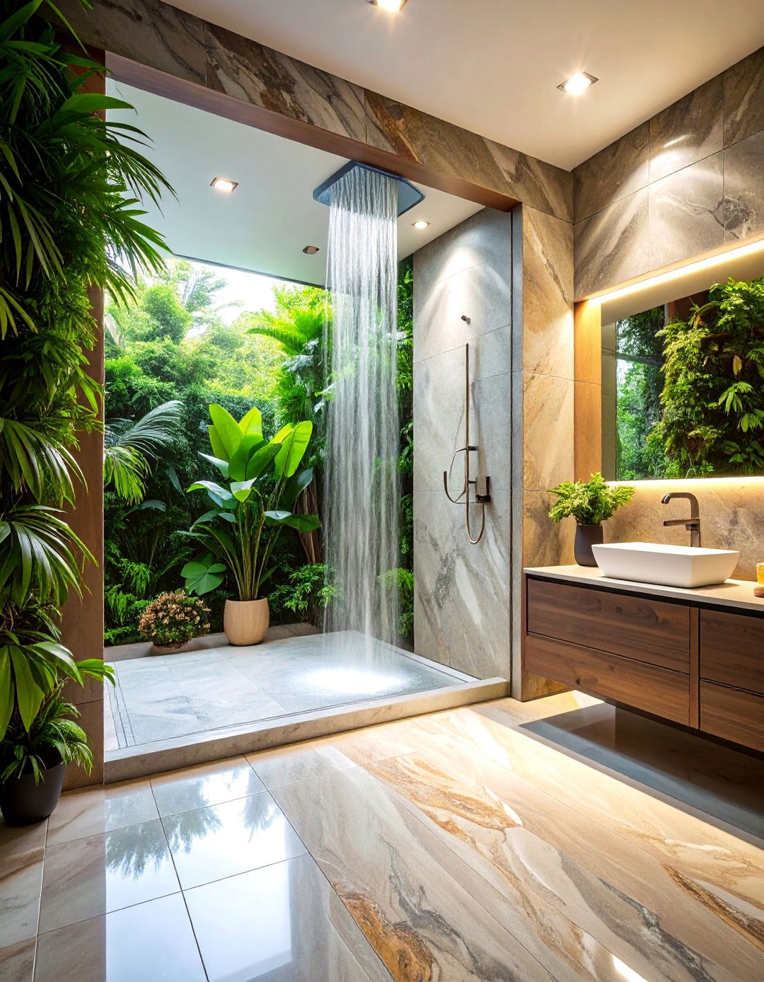 Quartzite Waterfall Edge Shower Threshold with Seamless Transition - 25 Stone Shower Design Ideas