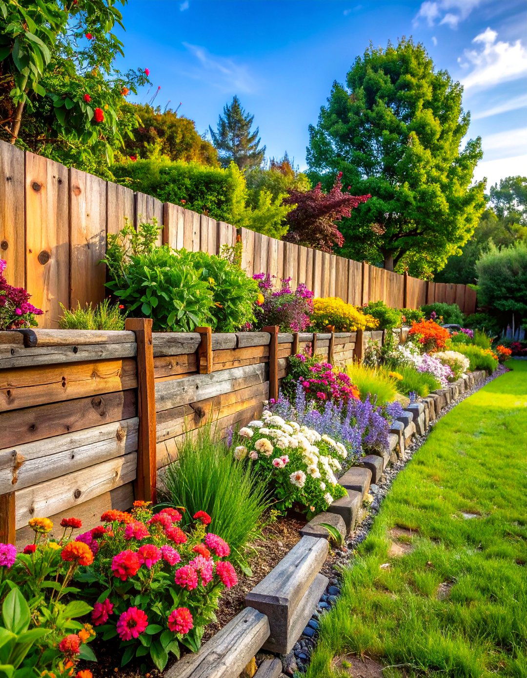 Railroad Tie Retaining Wall with Reclaimed Wood Character - 25 Retaining Wall Ideas for Sloped Backyard