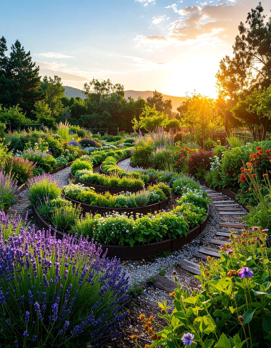 Railroad Tie Tiered Garden with Herb Spirals - 25 Tiered Garden Ideas