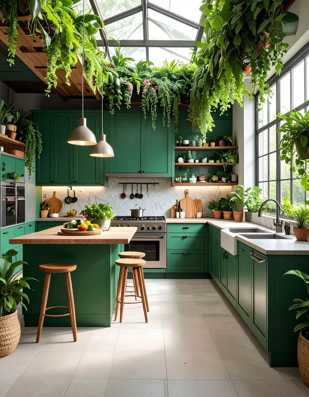 Rain Forest Canopy Kitchen with Multi Level Plant Display - 25 Tropical Kitchen Ideas
