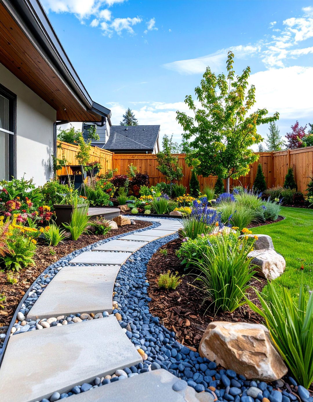 Rain Garden with Permeable Stone Mulch - 25 Front Yard Landscaping Ideas With Rocks and Mulch