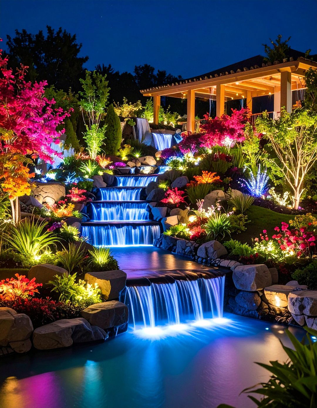 Rainbow LED Light Show - 25 Backyard Waterfall Ideas