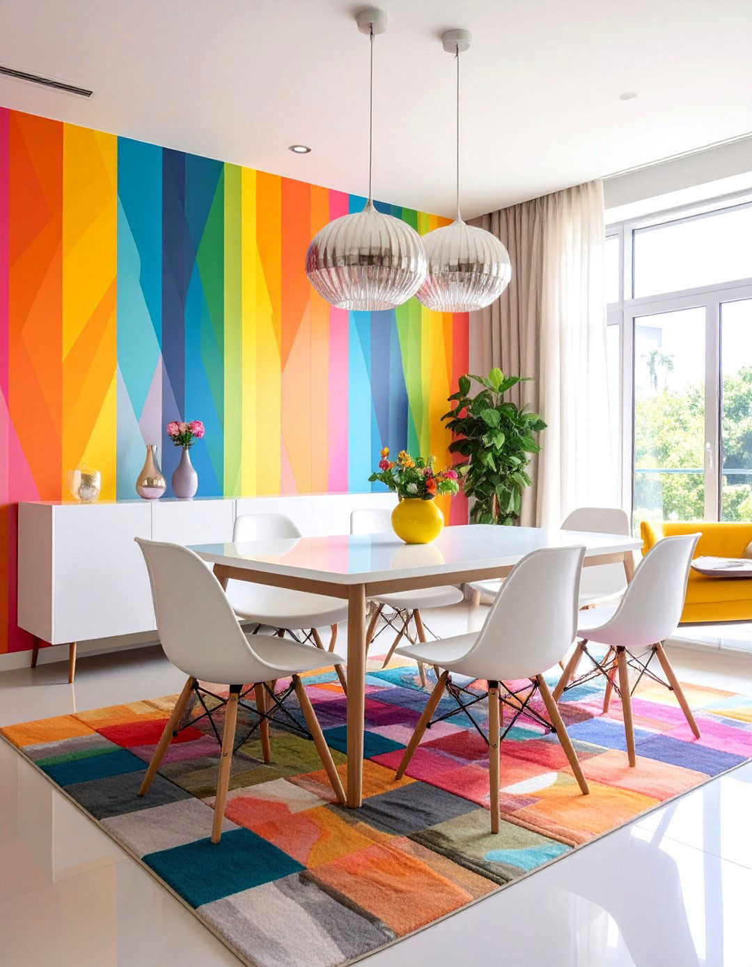 Rainbow Maximalist Statement Wall Design - 25 Colorful Dining Room Ideas