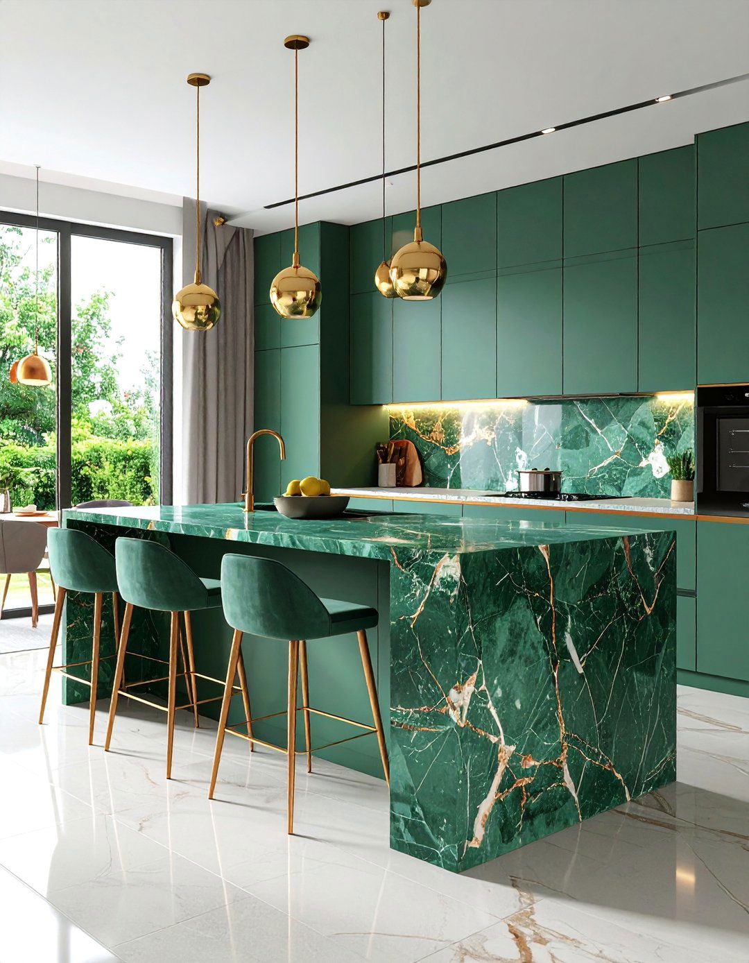 Rainforest Green Marble Kitchen Peninsula with Breakfast Seating - 25 Green Marble Countertop Design Ideas