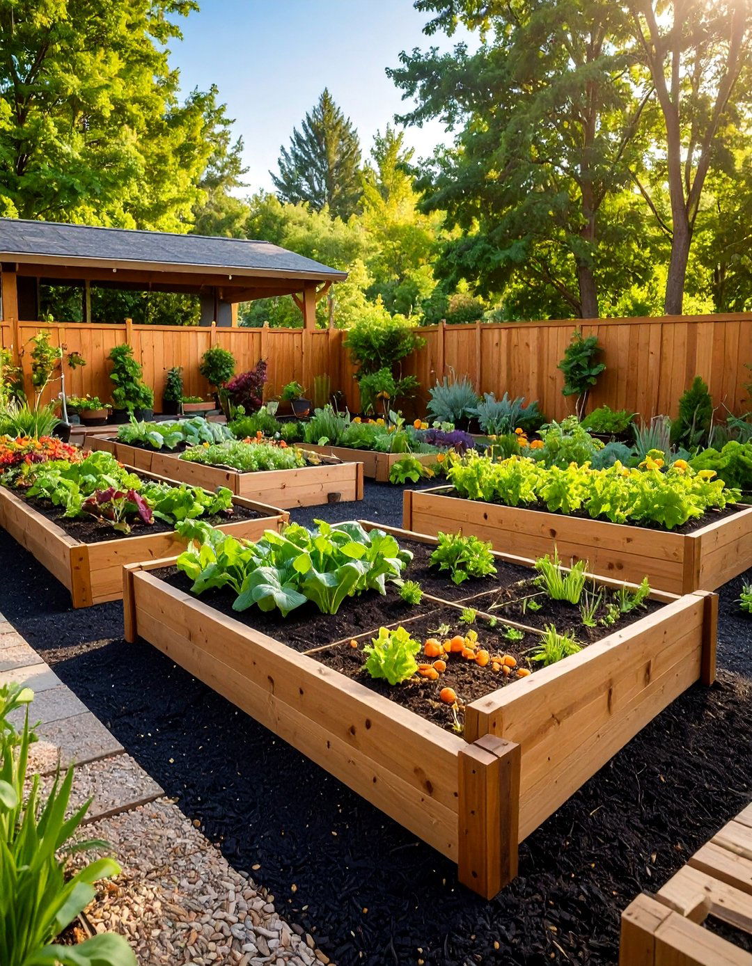 Raised Bed Vegetable Garden with Black Mulch Pathways - 25 Black Mulch Landscaping Ideas