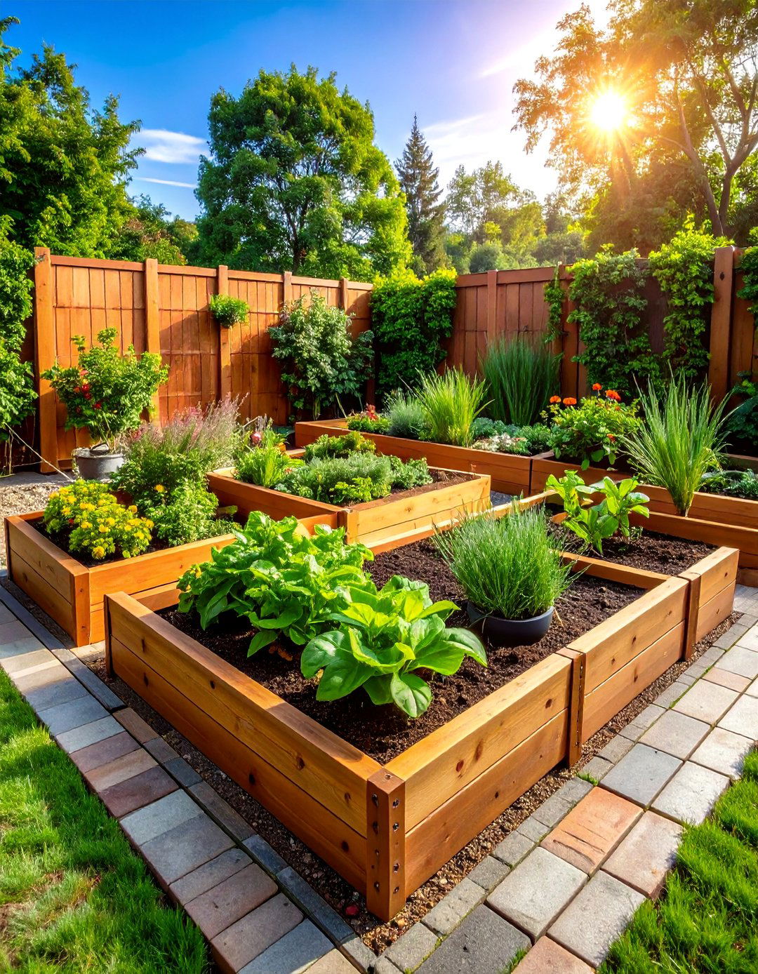 Raised Cedar Herb Bed with Geometric Divisions - 25 Herb Garden Ideas