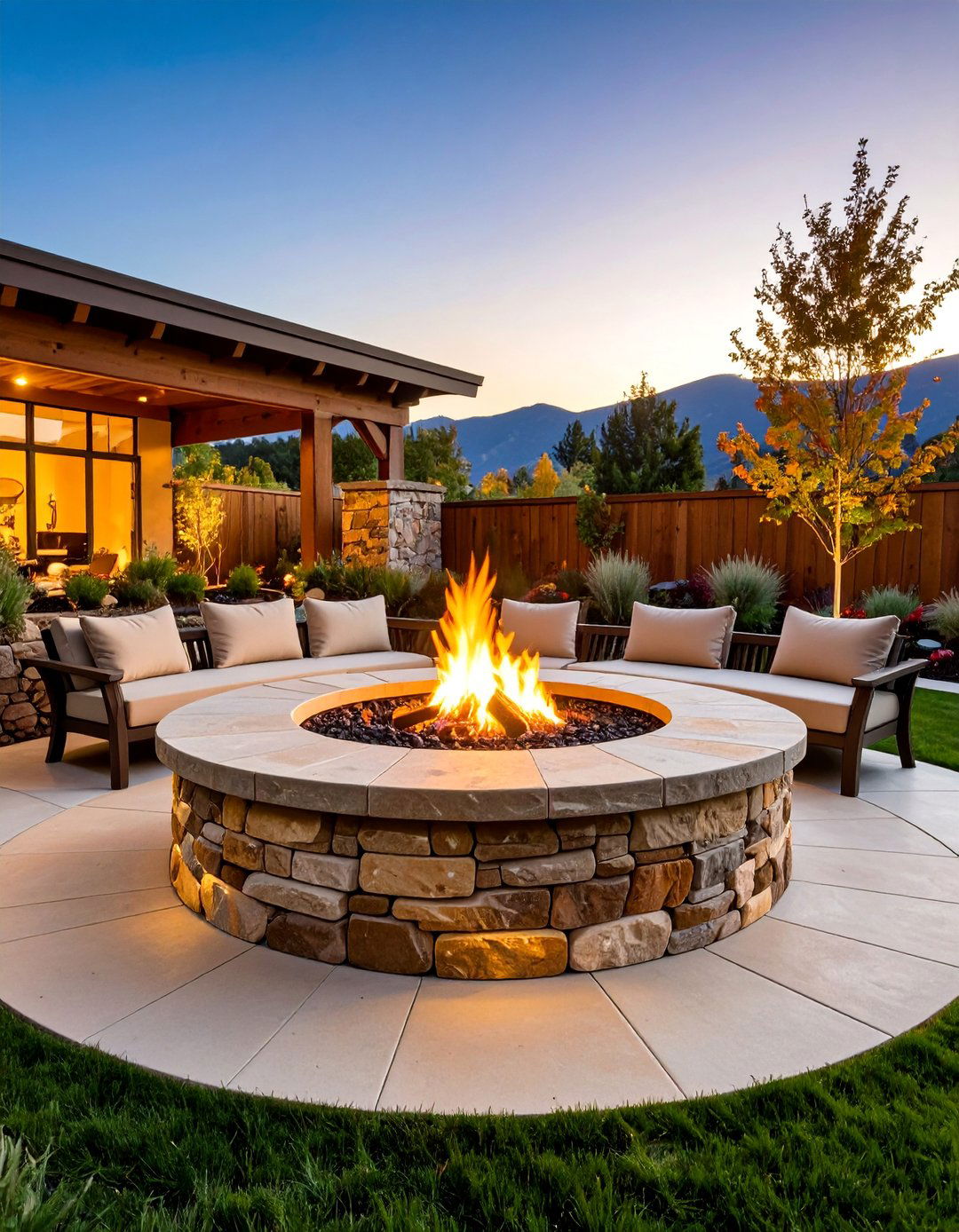 Raised Fieldstone Platform with Bench Walls - 25 Rustic Fire Pit Ideas