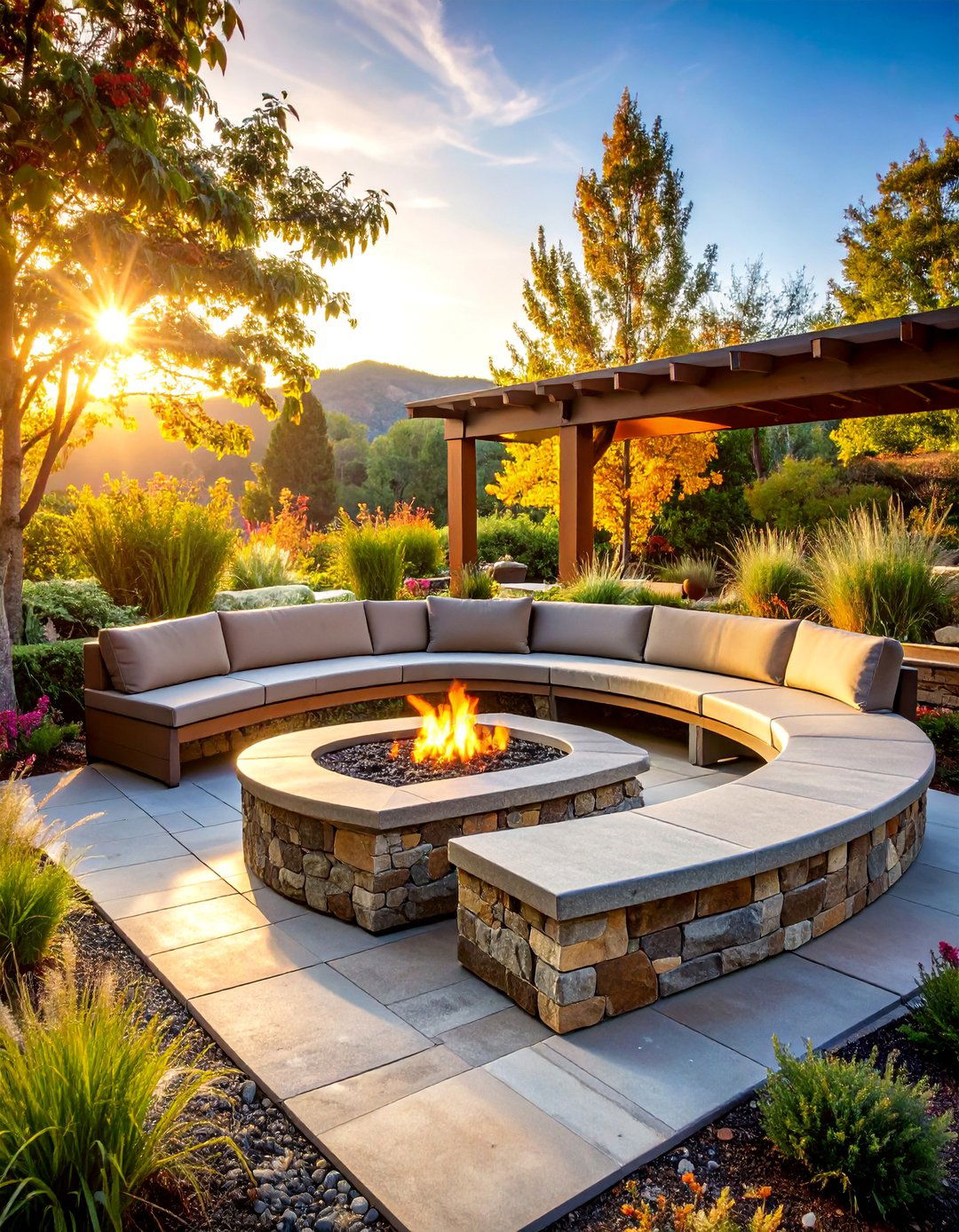 Raised Flagstone Fire Pit with Integrated Bench Seating - 25 Flagstone Fire Pit Ideas