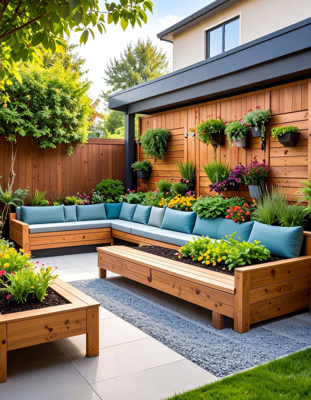 Raised Garden Bed Wall with Integrated Seating - 25 Patio Wall Ideas