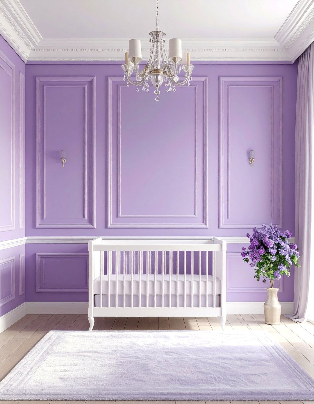 Raised Panel Wainscoting with Lavender Accents - 25 Wainscoting Nursery Ideas