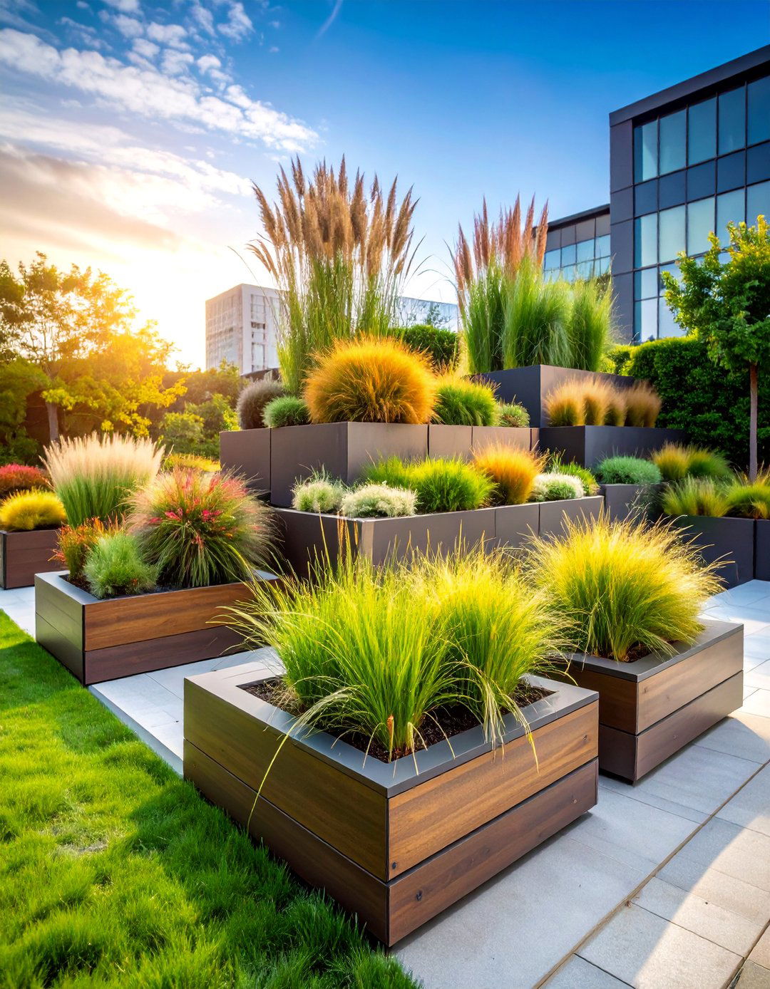Raised Planter Tiered Garden with Ornamental Grasses - 25 Tiered Garden Ideas